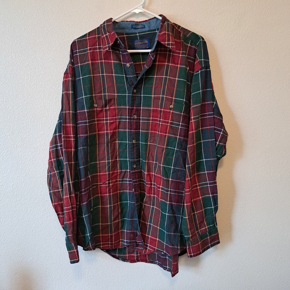 Pendleton Mens XL Red Green Plaid Cotton Long Sleeve Button Down Shirt 70Z358